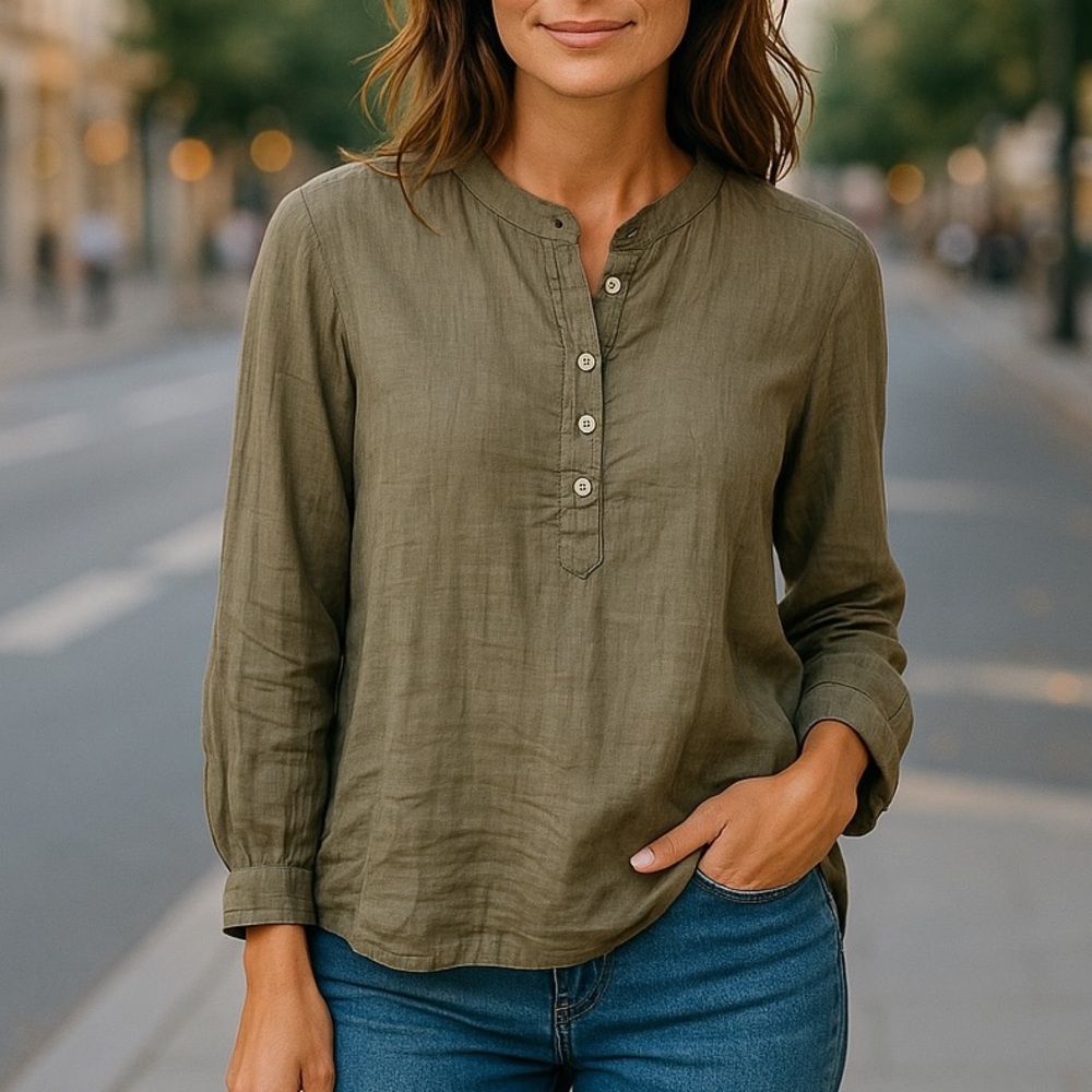 Free People x CP Shades 100% Linen Tunic Shirt Olive Brown Medium